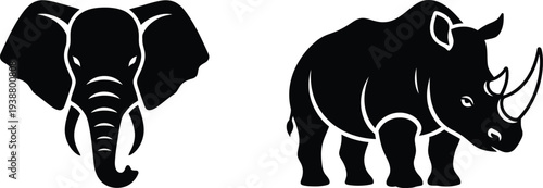Black silhouettes of an elephant and a rhinoceros on a white background