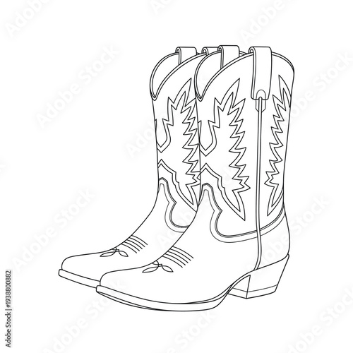 A pair of classic cowboy boots, depicted in a clean line art style, ready for western adventures against a simple white background.