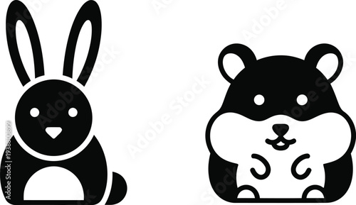 Black and white cartoon rabbit and hamster illustrations