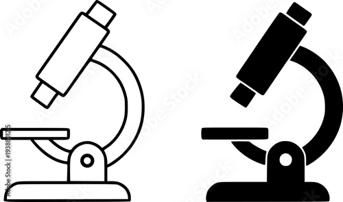 Minimalist microscope icon, black and white in outline and silhouette design style