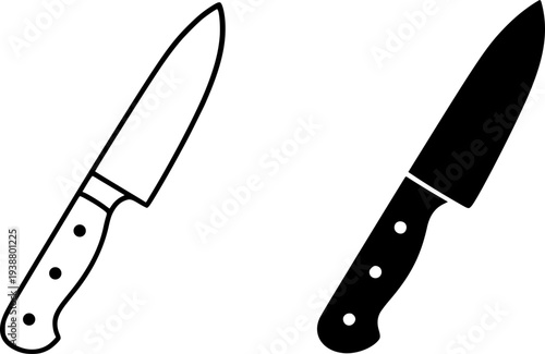 Minimalist knife icon, black and white in outline and silhouette design style