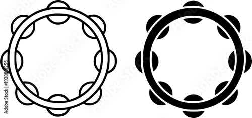 Tambourine illustration icon, black and white in outline and silhouette design style