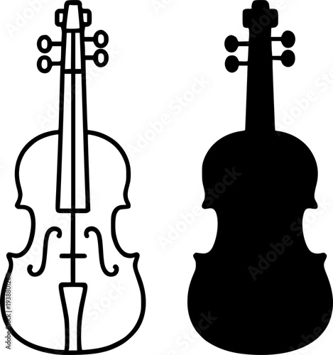 Violin illustration icon, black and white in outline and silhouette design style