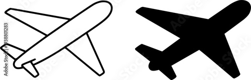 Airplane illustration icon, black and white in outline and silhouette design style