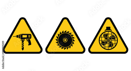 Vector illustration showing three yellow triangular warning signs for industrial tools, specifically a drill, a saw blade, and a powerful fan.