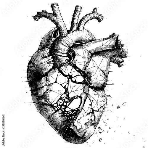 Cracked Human Heart with Blood Vessels Isolated on White Background