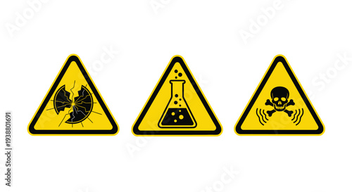 Vector graphic set displaying three common safety warning signs for hazardous materials and breakage risks