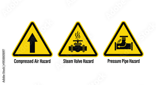 Vector illustration of industrial hazard warning signs, featuring compressed air, steam valve, and pressure pipe dangers, for safety graphic design.