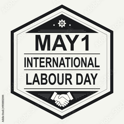 International labour day may 1st celebration emblem with handshake and gear symbol