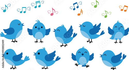 Set of Adorable Blue Bird Characters Singing with Musical Notes Featuring Various Poses Like Flying and Chirping for Kids Nursery Decoration.