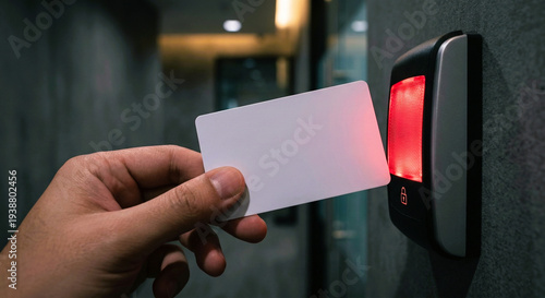 Fotografie Hand Holding Blank Keycard near Red Access Denied Door Scanner