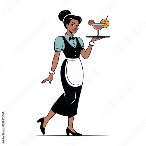 A smiling cartoon waitress carrying a cocktail on a tray with a garnish