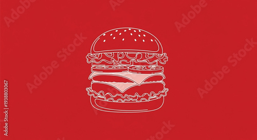 Minimal Line Art Burger Illustration on Red Background, Fast Food Hamburger Icon Design
