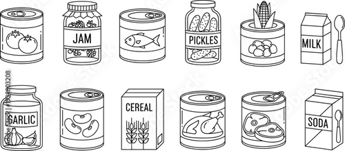 Detailed Line Art Illustration Set of Pantry Food Items Including Canned Goods Jam Pickles Milk Cereal and Soda for Kitchen Organization Design.