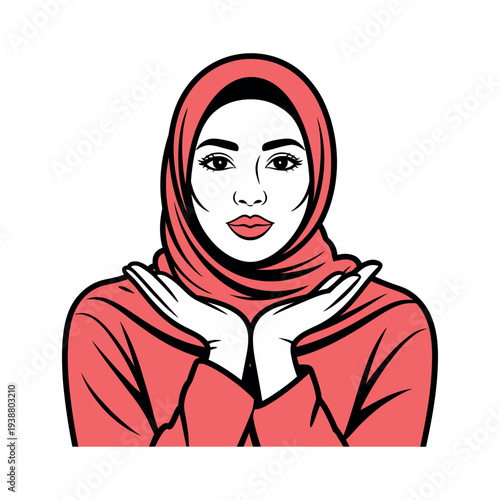 A confident woman wearing a red hijab and gesturing with her hands