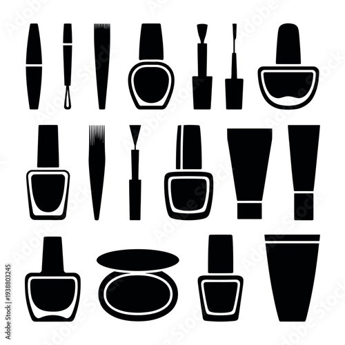 A collection of black silhouettes of various nail polish and makeup products