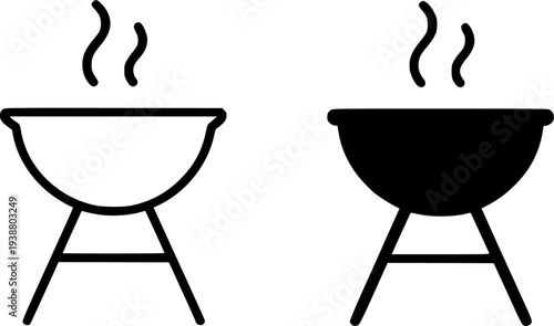 Barbecue grill illustration icon, black and white in outline and silhouette design style