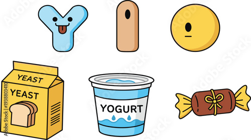 Detailed Set of Cartoon Food and Letter Illustrations Including a Smiling Letter Y Yeast Packet Yogurt Cup and a Wrapped Brown Candy Piece.
