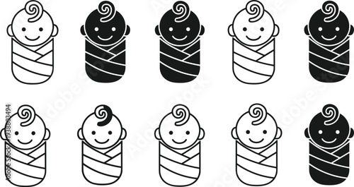 Set of Adorable Newborn Baby Icons in Black and White Silhouette and Line Art Style for Nursery Parenting and Early Childhood Design.