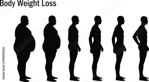 Body weight loss silhouettes progression from obese to fit confident posture, fitness and wellness theme, flat vector illustration