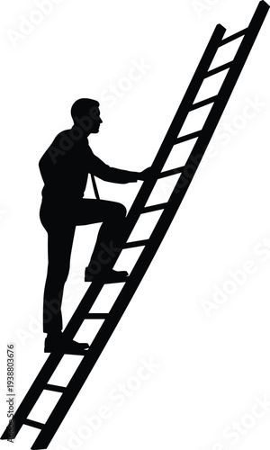Business professional silhouette climbing steep ladder of ambition, career success and growth theme, flat vector illustration for corporate concepts