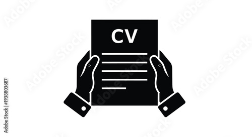 Simple black and white vector illustration graphic design depicting hands holding a document clearly labeled with the letters cv for curriculum vitae