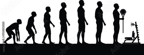 Human evolution silhouette progression to modern fitness, bodybuilding and wellness theme, flat vector illustration for health and exercise concepts