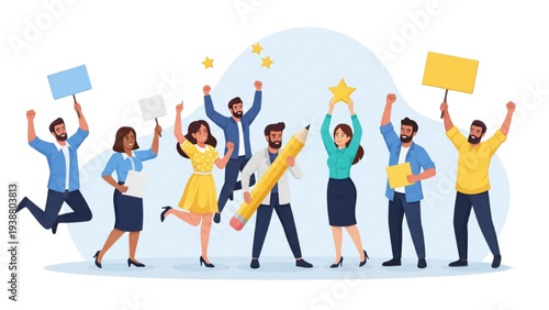 Customer feedback testimonial and online survey concept with group rating experience and writing reviews, flat vector