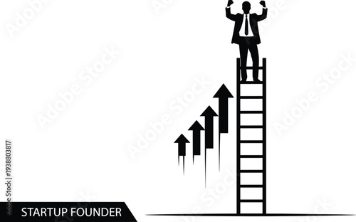 Startup founder silhouette climbing ladder of success, business growth and achievement theme, flat vector illustration for corporate design concepts