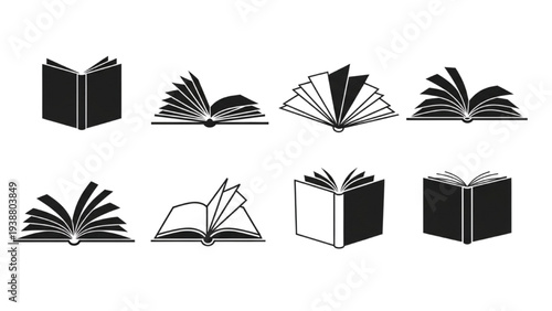 Minimalist black and white open book vector illustrations, simple line art for education and reading concepts EPS download