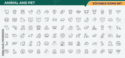 Animal And Pet line icon set. Thin linear style icons set. Editable vector. Pet modern icon set. Includes symbols for cat, animal, animal care, dog and more.
