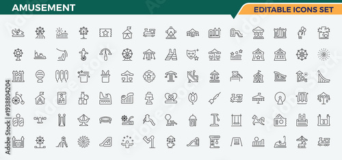 Set of Amusement line icon. Included entertainment, fun, games, carnival, recreation and more. Outline symbol collection. Games icon set. Editable stroke. Vector collection.