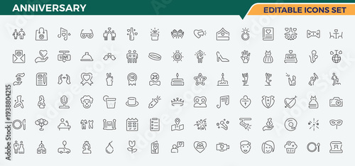 Anniversary line icon set. Modern vector UI icons. Pixel perfect. Editable vector. Event vector icon set. Contains such icons as decoration, fun, holiday, entertainment, happy and more.
