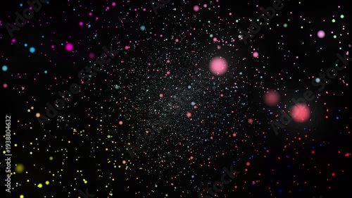 Christmas Holiday Night Sky Space Background with Shining Stars, Snow, Blue and Pink Bubbles, Bright Vector Illustration, Animated Particle Motion, Decorative Pattern Design, Hotel Scene, Glittering G