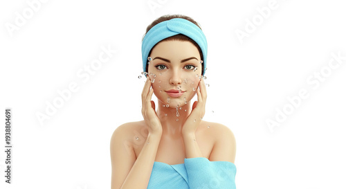 Woman Cleansing Face with Water Droplets and Blue Headband