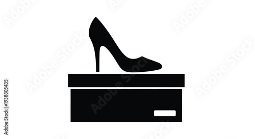 Simple black silhouette vector illustration depicting a classic high heeled shoe resting upon its corresponding rectangular storage box icon design.