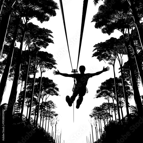 Zip-Lining Forest Adventure Tourism Vector Silhouette