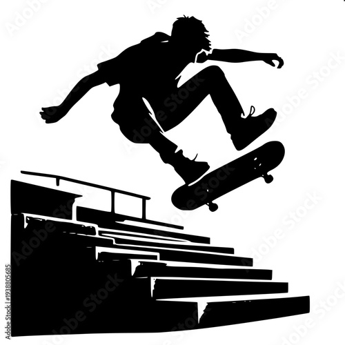 Mid-Air Skateboarder Jump Over Stairs Vector Silhouette