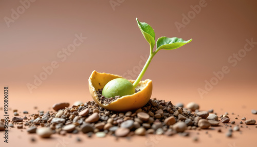 Fresh Green Seedling Emerging From Rocky Soil