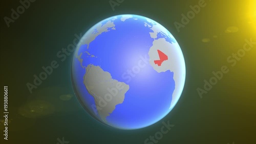 The animation shows a graphic representation of the earth and highlights the location and map of Mali colored red.