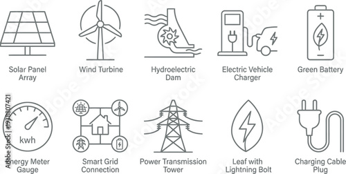 Sustainable energy and green technology icons including solar, wind, and electric vehicle charging.