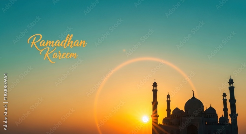 Obraz premium Ramadan Kareem greeting with mosque silhouette at sunset.
