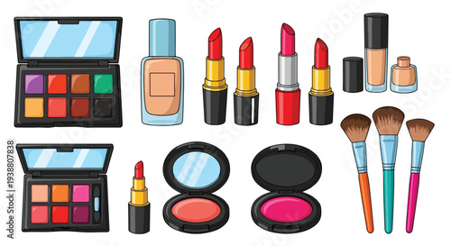 Cosmetic makeup set with eyeshadow palettes, lipsticks, and colorful brushes. Flat vector illustration of beauty products collection. Makeup kit isolated on white background.