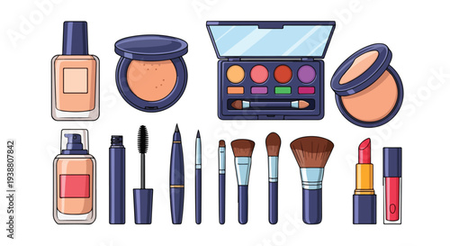 Cosmetic makeup set with foundation, eyeshadow palette, brushes, and lipstick. Flat vector illustration of beauty products collection. Makeup kit isolated on white background.