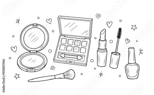 Hand drawn makeup set with lipstick, eyeshadow palette, powder, and brush. Vector line art illustration of beauty products. Coloring page style isolated on white background.