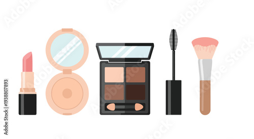 Cosmetic makeup kit with pink lipstick, powder compact, eyeshadow palette, mascara, and brush. Flat vector illustration of beauty products. Isolated on white background.