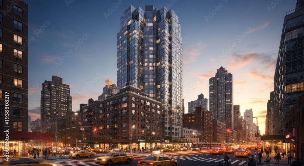 Obraz premium A modern high-rise building with a glass facade and reflective windows, standing tall against a cityscape backdrop with other tall buildings and a street scene with cars and pedestrians.