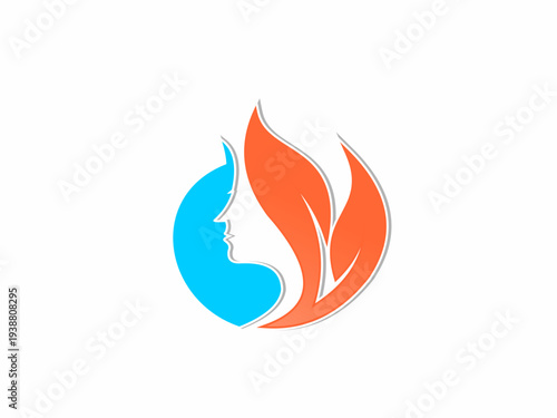 Abstract Woman Face Silhouette with Orange Leaf Hair and Blue Circle Element Logo for Eco-Friendly Beauty