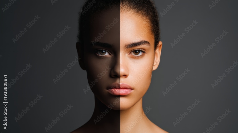 Fototapeta premium Mysterious Eye in Shadow, Hidden Influence. Contrasting Identities: Human Face Split by Shadow Revealing Hidden Self in Dark Psychology Theme