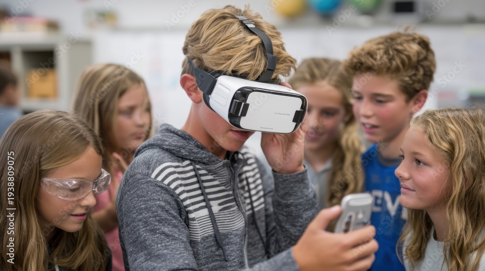 Fototapeta premium Virtual reality experience engages students in class classroom educational content interactive environment close-up view learning innovation